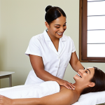 ** A serene skincare clinic setting. A esthetician with a friendly smile is actively listening to a client who is expressing her skin concerns. Soft, natural light fills the room. The atmosphere should convey trust and empathy.

**