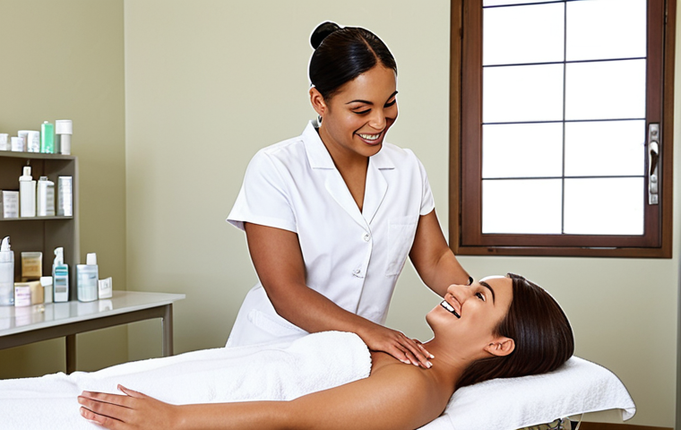 ** A serene skincare clinic setting. A esthetician with a friendly smile is actively listening to a client who is expressing her skin concerns. Soft, natural light fills the room. The atmosphere should convey trust and empathy.
**